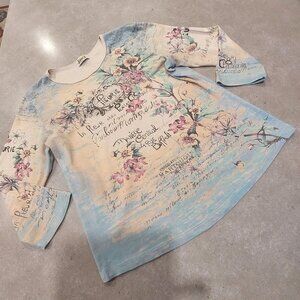 JAMEE J. Women's Graphic Paris Flowers Rhinestones 3/4 Sleeves Top - Size SML